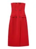 Basic Casual Dresses TRAF Women Fashion Red Strapless Midi Sheath Dress Vintage Pockets Decoration Back Zipper Female Spring Autumn Backless 231109