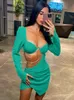 Casual Dresses Mozion Autumn Diamond Chain Hollow Full Sleeve Mini Womens Fashion Green Axless Ruffled Vestido 230410