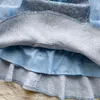 Robes décontractées Piste Broderie Paillettes Tweed Robe Femme À Volants Perlée Lanterne Manches Bleu Maille Patchwork Mince Vintage Robes 2024