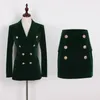 Costumes pour femmes Blazers S XXL haute qualité automne hiver mode couleur Pure vert velours Double boutonnage mince à manches longues haut jupe courte femme ensemble 231110