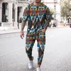 Men's Tracksuits Summer Sport Tshirts Joogers Men's Tracksuit Suit Geometric Shape Pattern ShortSleeved Tshirt Trousers Casual 2 Piece Sets 230410