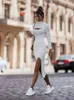 Grundlegende Freizeitkleider für Damen, weiß, gestrickt, langes Midi-Kleid, Herbst-Winter, solide Büro-Dame, Pullover, figurbetont, schlank, langärmelig, süß, sexy Pullover-Kleid 231110