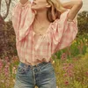 Kadın Bluzları 2023 Kadın Moda Pembe Düğme Gömlekleri Ekose Düz Rahat En İyi Puf Kolu Tatlı Boho T Sonbahar Retro