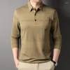 Men's Polos Clothing Spring Autumn Loose Turn-down Collar Long Sleeve Stripe Pockets Polo T-shirt Casual Fashion Business Tops