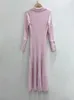 Casual Dresses Spring Women's Pink Knitted Dress Lapel Pocket Slim and Elegant Women's Long Sleeves Midi Robe with Buttons 230410