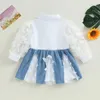 Vestidos de menina Suefunskry Kid Criança Malha Patchwork Vestido Borboleta Padrão Manga Longa Lapela A-Line Sheer 6M-5Y