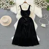 Vestidos casuais feminino vestido preto 2023 estilo francês vintage elegante temperamento a linha espaguete cinta outono inverno tornozelo-comprimento veludo