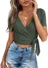 Crop for Women Summer Cute Tops with Deep V Neck Shirts Sexy Unique Cross Wrap Slim Fit Tie Up Front Short Sleeve