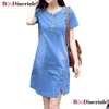 Vestidos casuales básicos Vestido de mezclilla de talla grande coreano para mujer Verano con bolsillo de botón Mini jeans sexy 3XL 4XL Boodinerinle 210316 Dhe1O