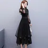 Sukienki swobodne kobiety plisowane sukienka imprezowa wiosna Vintage Mesh Black Lantern Sleeve High talia Patchwork Lace Elegancki K97