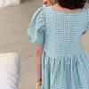 Mädchen Kleider Nette Teen Mädchen Plaid Kleid 2023 Sommer Quadrat Kragen Kurze Puff Sleeve Für Kinder Kleinkind Kinder Baumwolle Sommerkleid 12 16Y