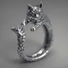 Women's Silver Plated s925 Vintage Thai Silver Black Cat Ring European and American Pet Kitten Ring with Adjustable Opening