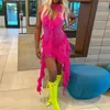Lässige Kleider Puloru Ruffle Quaste Fairy Mesh Kleid 2023 Chic 3D Blume Neckholder Unregelmäßige Bodycon Damen Nachtclub Street Wear Outfit