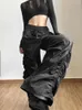 Pantaloni da donna Ragazze europee Sciolto Lavaggio Design a vita alta Pieghe Pieghe Gamba larga Lungo Punk Nero Versatile