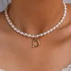 Correntes simples branco oval imitação de pérolas colar para mulheres letras de bambu douradas pérolas gargantilha colares na moda jóias