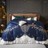 Ensembles de literie vert foncé Patchwork broderie Satin coton luxe couette/housse de couette drap de lit taies d'oreiller en lin Textile à la maison