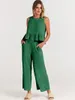 Casual losse groene set voor dames mouwloos geplooide vest bovenste wijd been lange broek 2-delige pak kantoor dameskleding 2023 zomer