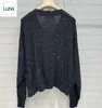 Women's Sweaters 2023 Linen Knit Casual Lazy Loose Heavy Work Sequin V-neck Long Sleeved Top For Autumn Wear