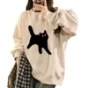 Han Fan Chic Cartoon Cat Sweater Kadın Yuvarlak Boyun Bahar ve Sonbahar İnce Gevşek Gündelik Büyük Orta Uzunluk Küzen