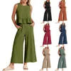 Casual losse groene set voor dames mouwloos geplooide vest bovenste wijd been lange broek 2-delige pak kantoor dameskleding 2023 zomer