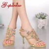 Sandaler G-Sparrow 2023 Summer Korean Gold Stiletto Heel Diamond Women High Heels Evening Wedding Shoes Open Toe