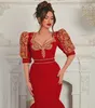 Röd lång sjöjungfru Evening Formal Dress for Women Gold Applique Brodery Albanska Mashallah Caftan Prom Celebrity Clows