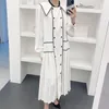 Robes décontractées Coréen Chic Automne Vintage Contraste Couleur Robe à col rabattu à double boutonnage à manches longues Robe plissée 2023 Lâche RobeC