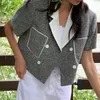 Giacche da donna Giacca in tweed grigio nero con intaglio Femme Contrasto doppio petto coreano Y2k Cappotto a maniche corte Chaqueta Cardigan Jaqueta Suit