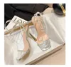 Dress Shoes Summer Lady Sandals Square Toe Fashion Pearl Rhinestone Women Transparent High Heels Buckle Party Pumps