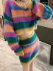 Tvådelad klänning Luxury Style Rainbow Knitting Fashion Set Women's 2 Piece Autumn Long Sleeve Pullover Short Sweater Mini Kjol Duits Outfits 2024