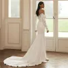 Classy Long Off the Shoulder Satin Plus Size Wedding Dresses Full Sleeves Mermaid Chapel Train Bridal Gowns