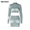 Платье с двумя частями Cm.yaya Fashion Women Women Hand Therced Bodycon Midi Mini Subilt Dress Sup и с длинным рукавом Toe Top To Tope 2 Piece Settbits 230410