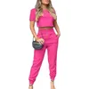 Calças de duas peças femininas conjunto de manga curta vermelha rosa top de manga curta e terno de calça longa e esbelta 2023 primavera verão 2 pcs roupas de roupa casual