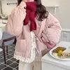 Parka da donna in piumino giapponese con lacci Giacca in cotone Kawaii da donna Dolce vintage increspato rosa Y2k Trendy Lolita inverno peluche caldo capispalla casual 231109