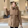 Kadın Trençkotları Polar Kalın Pamuk Giyim Büyük Kürk Yaka 2023 Kış Ceketleri Moda Parka Parka Drawstring İnce Bel Ekleme Güz