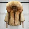 Frauen Pelz Faux Lagabogy 2023 Winter Frauen Warme Weiße Ente Unten Jacke Lose Kapuze Puffer Mantel Natürliche Echt Kragen dicke Luxus Oberbekleidung 231109