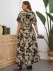 Plus size jurken bloemenprint bochtige maxi -jurk voor mollige vrouwen vintage elegante slanke fit kleding v nek groot formaat casual lang 2023 230410