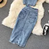 Hong Kong style denim two-piece dress 2023 new sexy short strap vest high waisted denim skirt