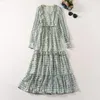 ヨーロッパとアメリカの女性のドレス2023冬の新しい長袖Vネックグリーン格子縞の印刷ファッションプリーツドレスxxl