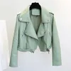 Femme's Cuir Mode 2023 Fausse Veste Femmes Moto Noir Vert Manteau Court Femme Slim PU Automne Basique Fermeture Éclair Rivet Pardessus