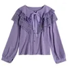 Blouses des femmes VSue Femmes Blanc Purple Col à manches longues Loose Solid Solid Ruffle Lace Patchwork Shirt Spring Summer B0749