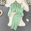 Casual Dresses Female Elegant Sticking Suits Pearl O Neck Tees Two Piece Women Sweater Dress Slim Fit Ribbed Maxi Robe Femme Vestidos