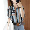 Women's Blouses Shirts Summer Korean Fashion Women's Short Sleeve Polo Collar Cotton Linen Striped Shirt Full Matching Casual Loose Top M169 230410