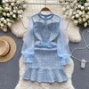 Casual Dresses Runway Embroidery Sequins Tweed Dress Women's Ruffled pärlstav Lantern Sleeve Blue Mesh Patchwork Slim Vintage Vestidos 2024