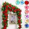 Flores decorativas grinaldas de 2,4m de rosa artificial videira decoração de casamento de seda grossa com folhas para pendurar em casa