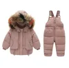 Jaquetas 2 pcs / conjunto bebê menino inverno jaqueta e macacão para crianças engrossar gola de pele quente meninas infantil snowsuit 26 anos 231109