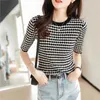 Women's TShirt Black White Plaid Striped Woman T Shirt Summer Thin Knitted Short Sleeve Casual Top Clothes Elegant Slim Tees 2023 230410