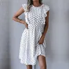 Casual jurken retro vlindermouw geplooide hartvormige stip bedrukte jurk voor dames gemiddelde lengte chiffon lente/zomerjurk 230410