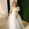 Mädchenkleider Tüll Spitze Blumenkleid Elfenbeinweiß Perlenschleife Prinzessin Hochzeit Süßes kleines Kind Party Erstkommunion Ballkleider