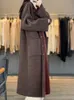 Kadın Kürk Sahte Kaliteli Kapşonlu Yün Palto Tek Göğüslü Uzun Kaşmir Sonbahar Kış Ceketleri Kadınlar Gevşek Moda Çizgili Cepler 231109